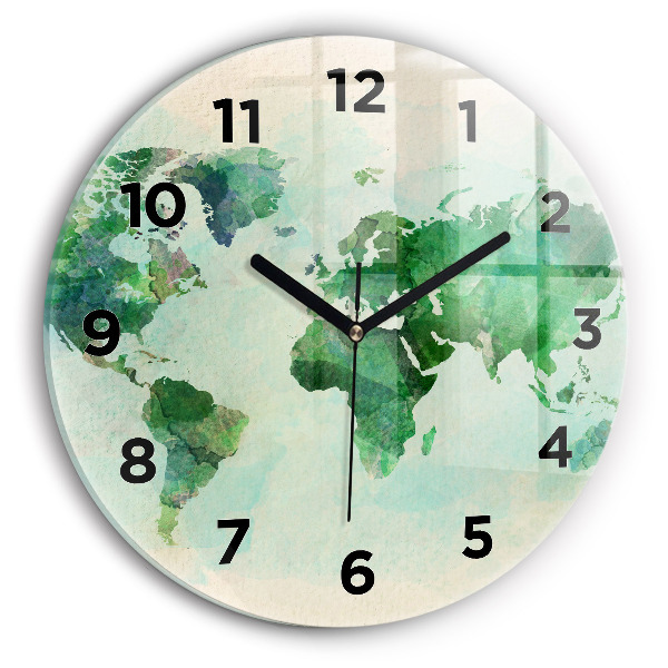 Round glass clock Watercolor world map