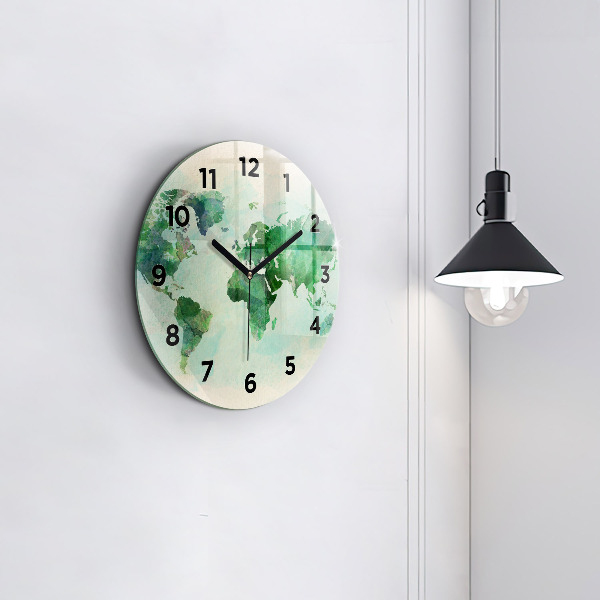 Round glass clock Watercolor world map
