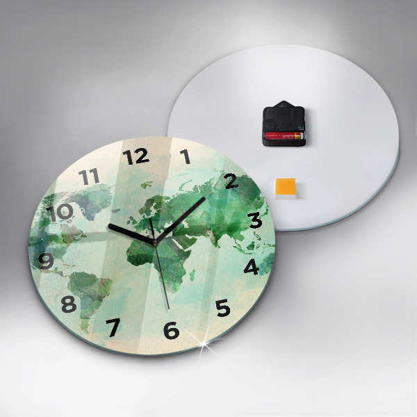 Round glass clock Watercolor world map