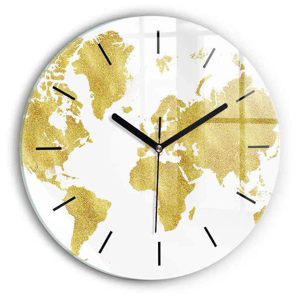 Round glass clock Golden map of the world