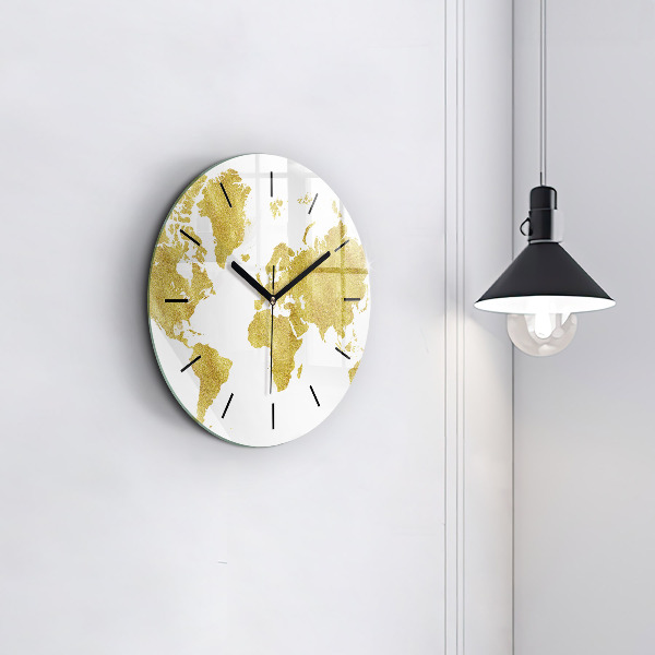Round glass clock Golden map of the world