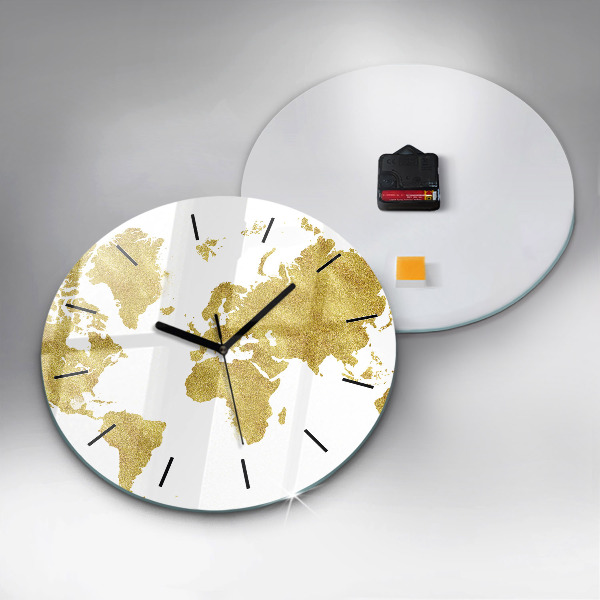 Round glass clock Golden map of the world