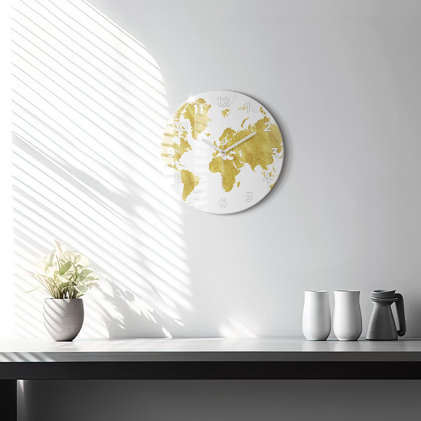 Round glass clock Golden map of the world