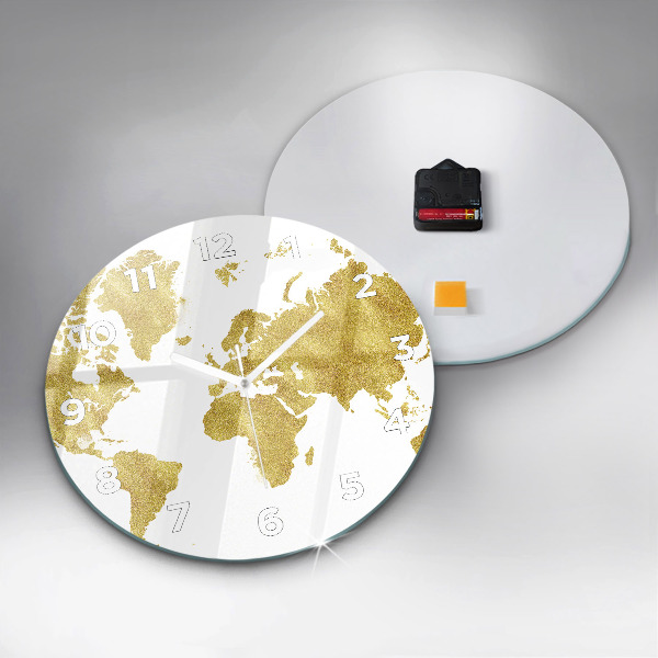 Round glass clock Golden map of the world
