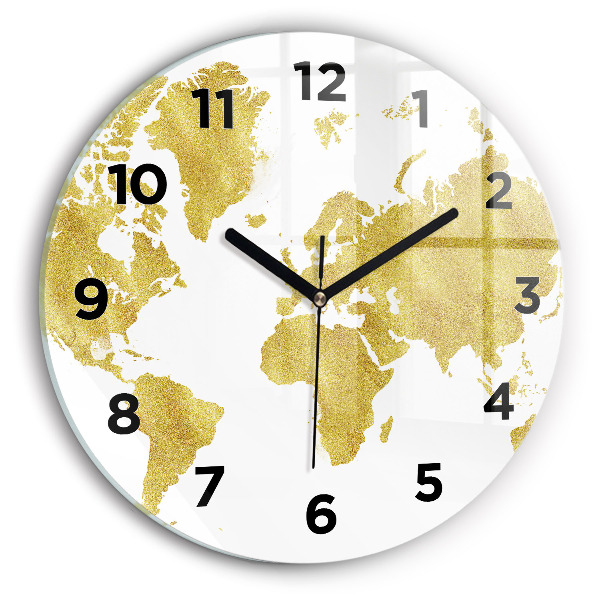 Round glass clock Golden map of the world