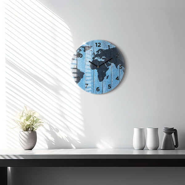 Round glass clock World map on boards