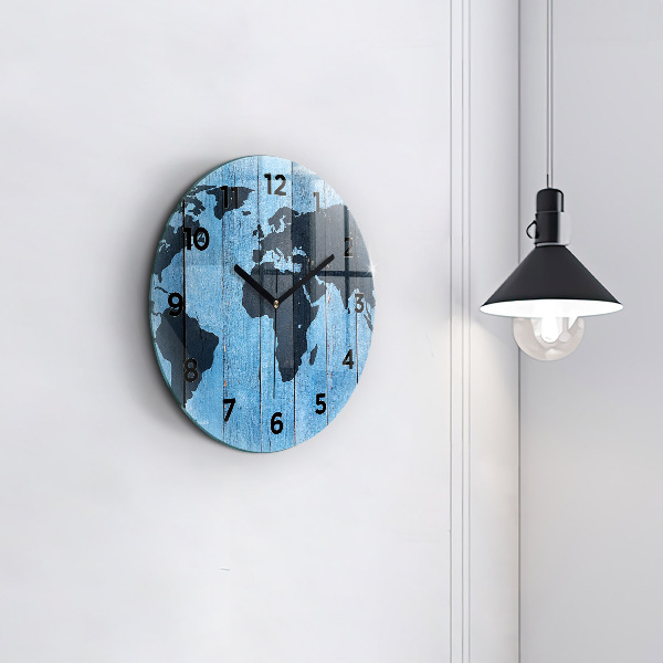 Round glass clock World map on boards