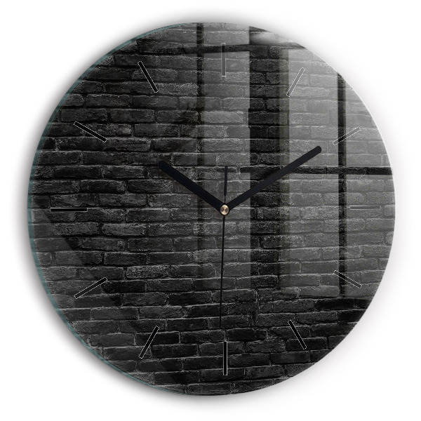 Round glass clock Dark brick wall