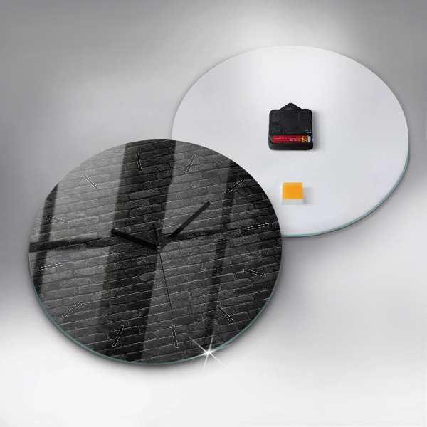 Round glass clock Dark brick wall