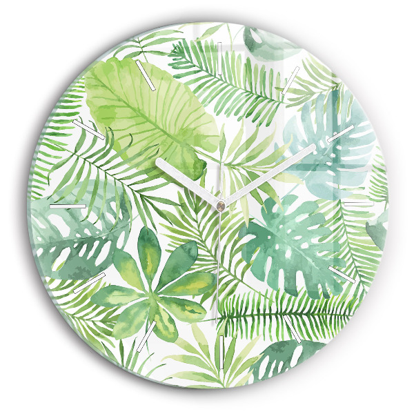 Round glass clock Green leaves