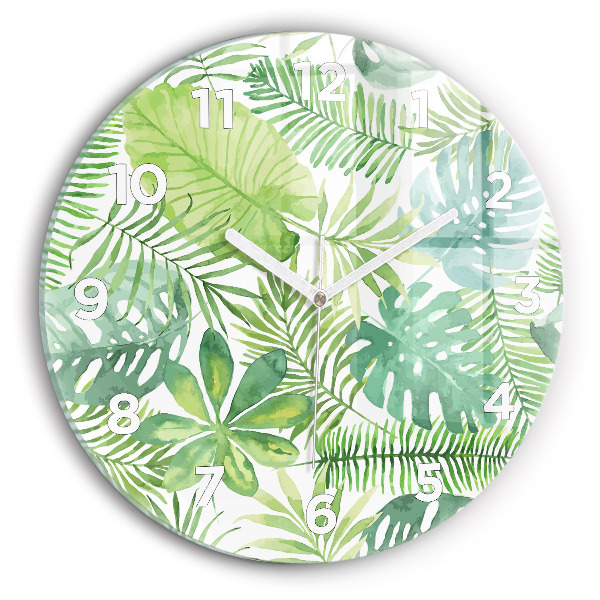 Round glass clock Green leaves