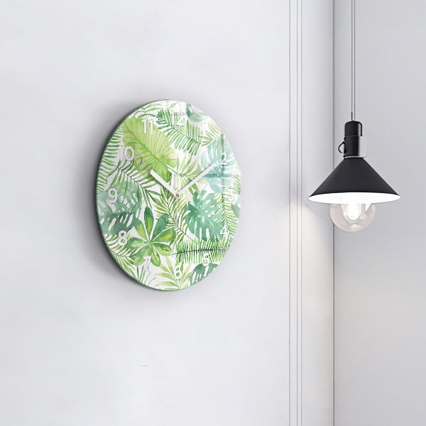 Round glass clock Green leaves