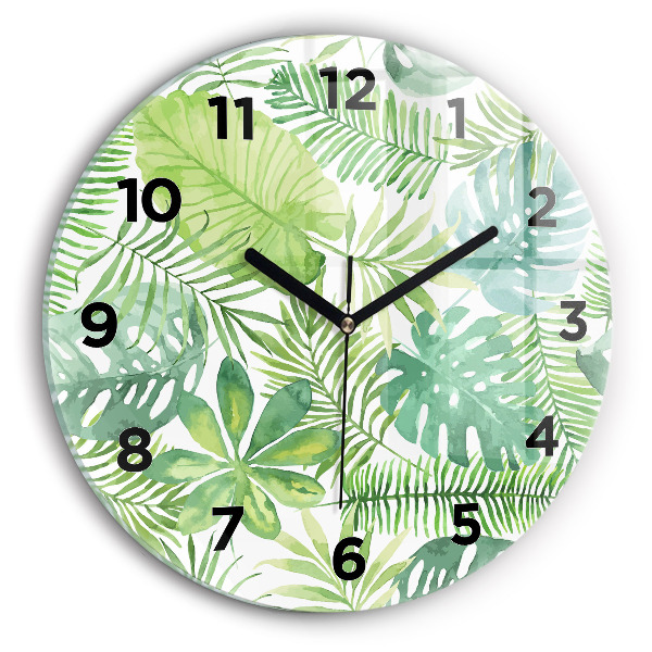 Round glass clock Green leaves
