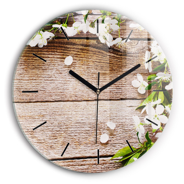 Round glass clock Flowers on wood