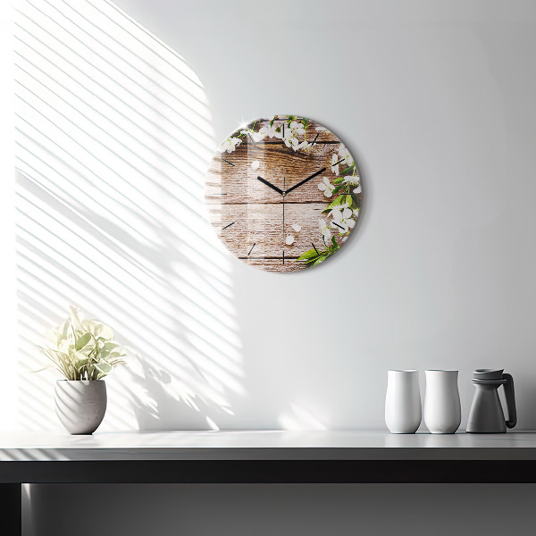 Round glass clock Flowers on wood