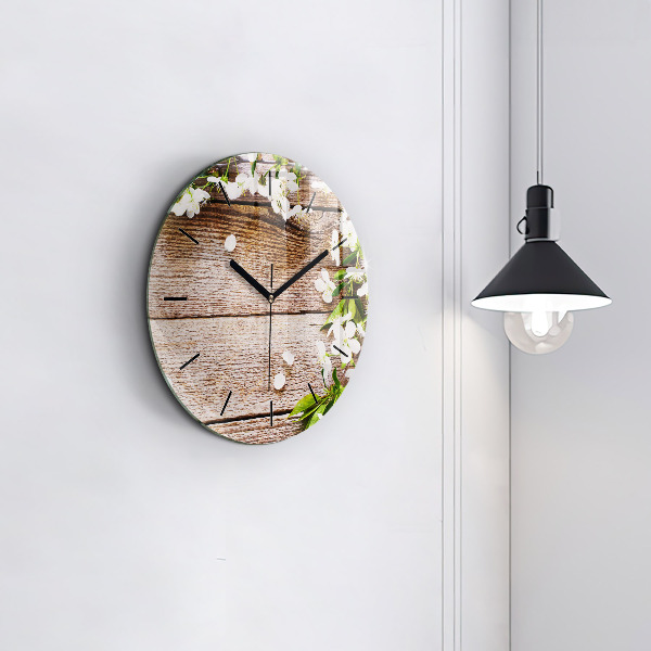 Round glass clock Flowers on wood