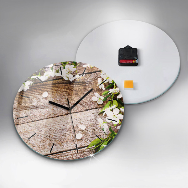Round glass clock Flowers on wood