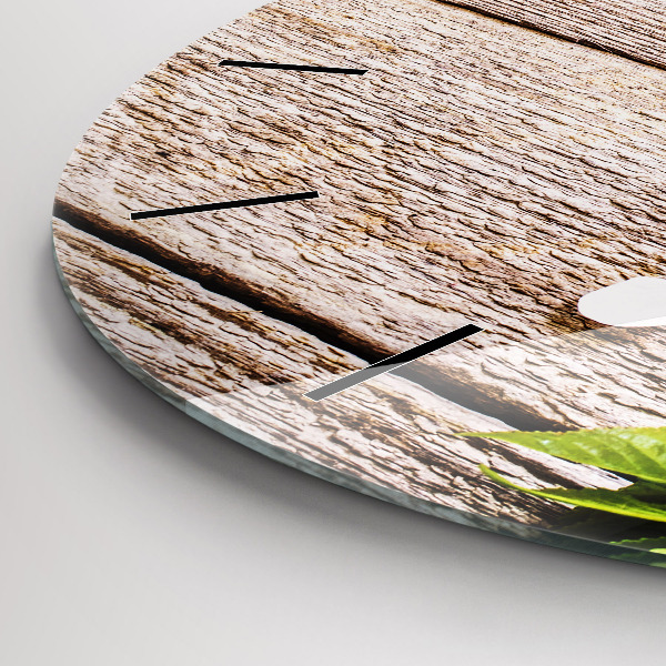 Round glass clock Flowers on wood