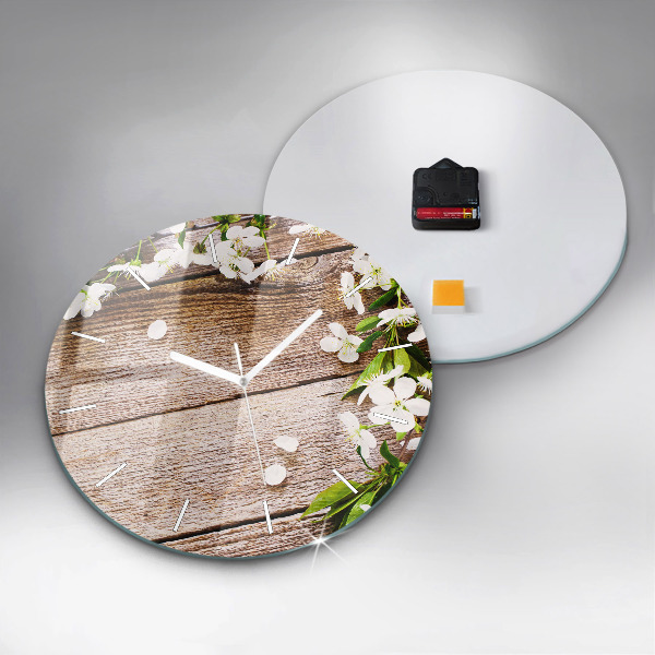 Round glass clock Flowers on wood