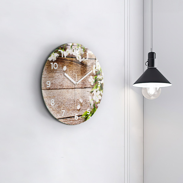 Round glass clock Flowers on wood