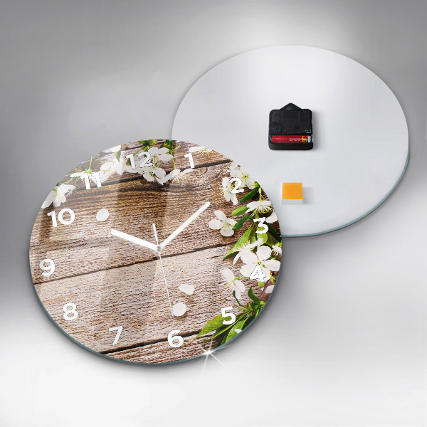 Round glass clock Flowers on wood