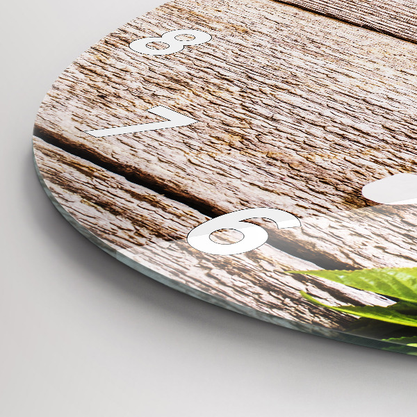 Round glass clock Flowers on wood