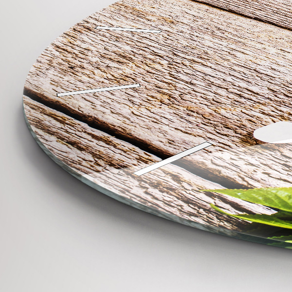 Round glass clock Flowers on wood