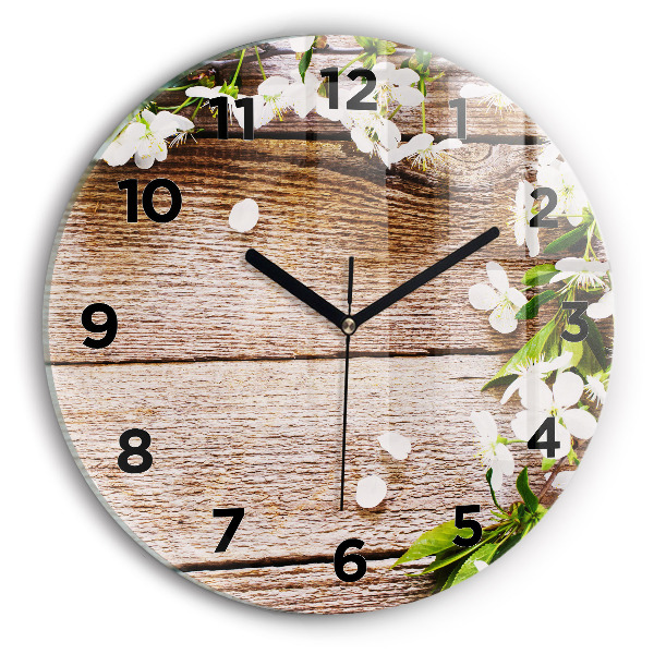 Round glass clock Flowers on wood