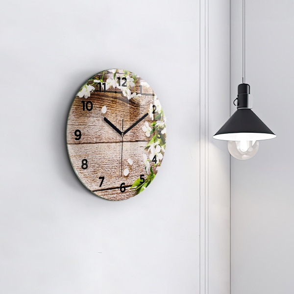 Round glass clock Flowers on wood