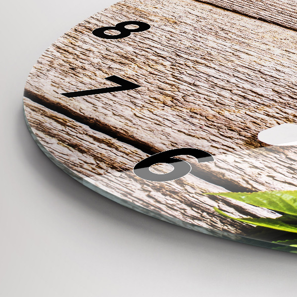Round glass clock Flowers on wood