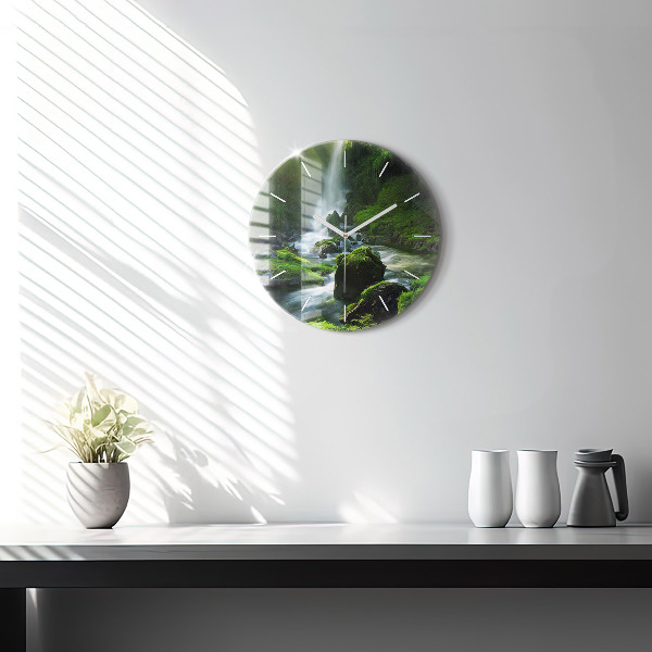 Round glass clock Waterfall and rocks