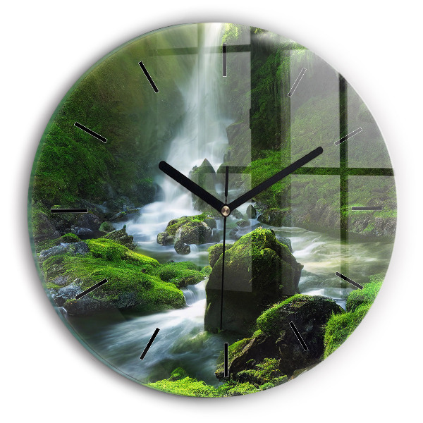 Round glass clock Waterfall and rocks