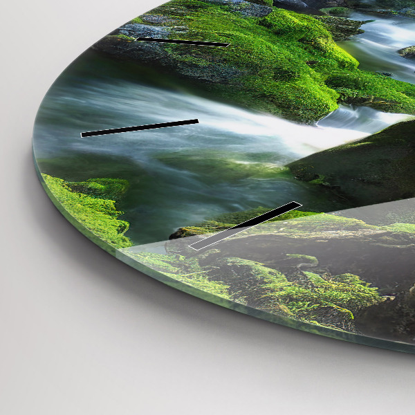 Round glass clock Waterfall and rocks