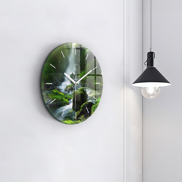 Round glass clock Waterfall and rocks