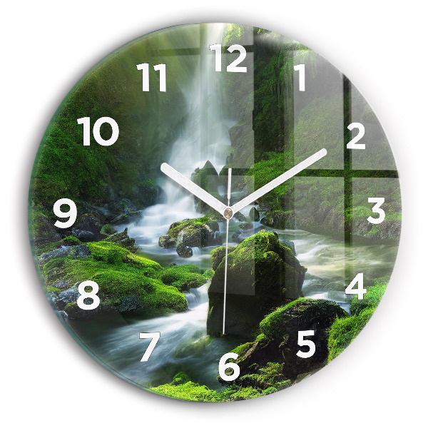 Round glass clock Waterfall and rocks