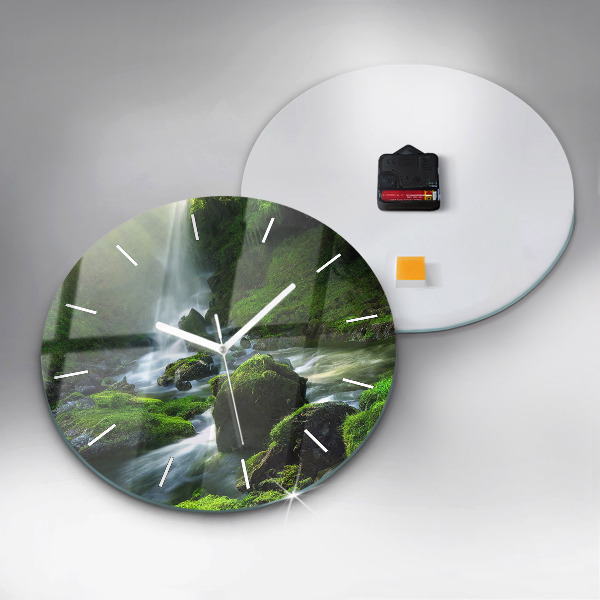 Round glass clock Waterfall and rocks