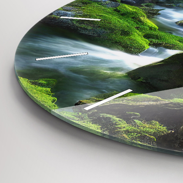 Round glass clock Waterfall and rocks