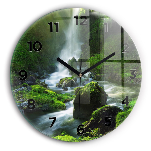 Round glass clock Waterfall and rocks