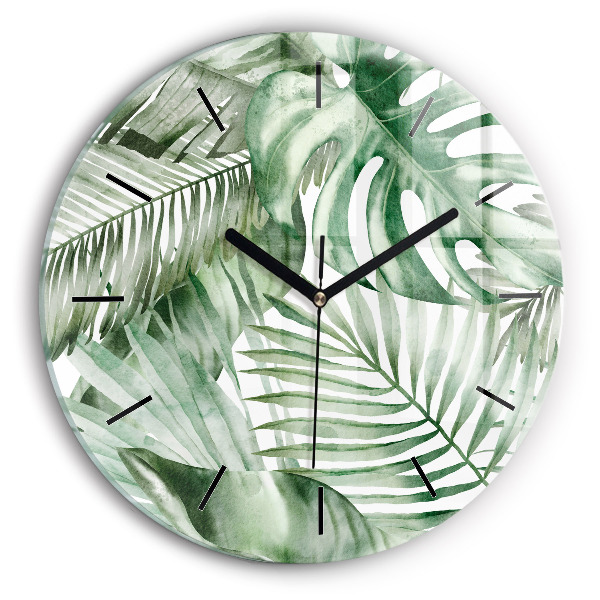 Round glass clock Painted plant leaves