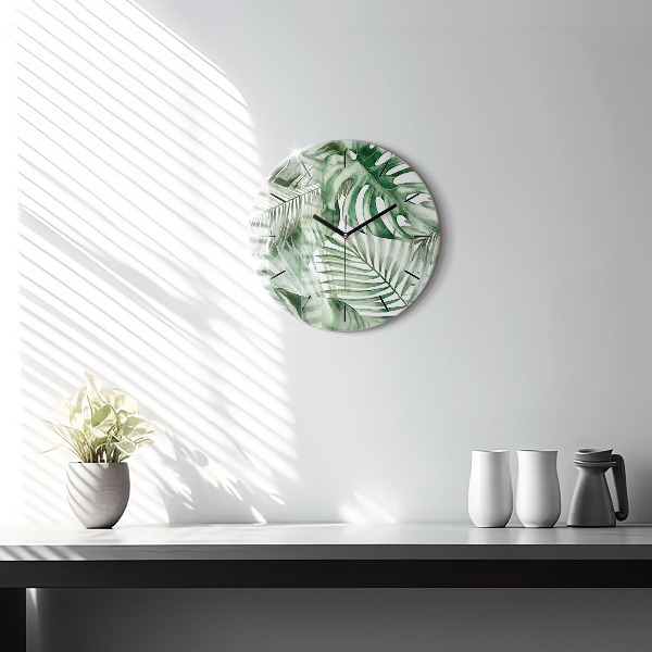Round glass clock Painted plant leaves