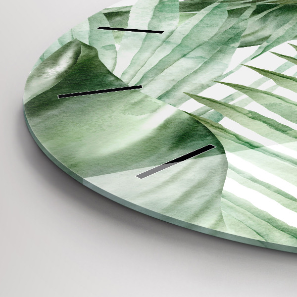 Round glass clock Painted plant leaves