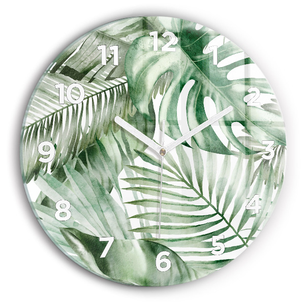 Round glass clock Painted plant leaves