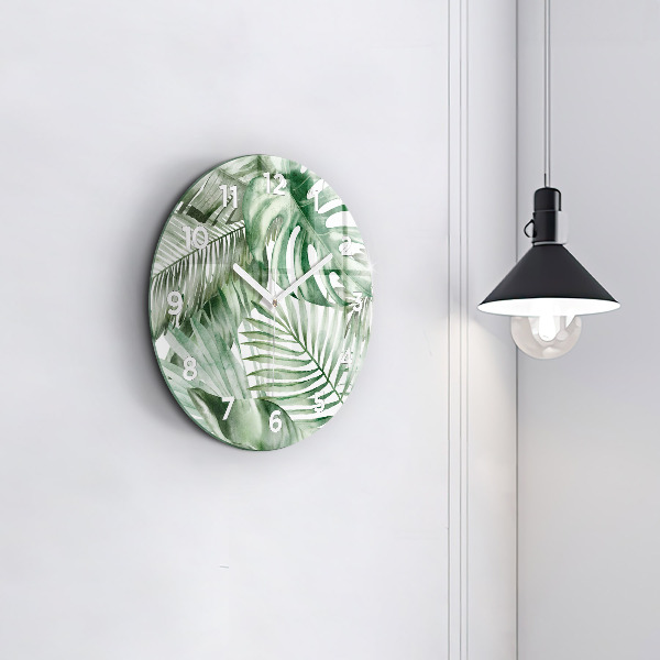 Round glass clock Painted plant leaves
