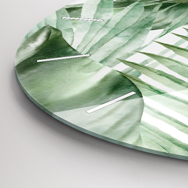 Round glass clock Painted plant leaves