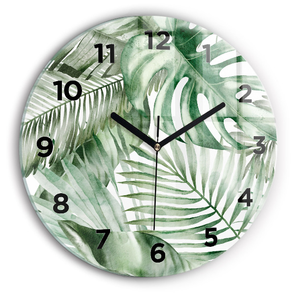 Round glass clock Painted plant leaves