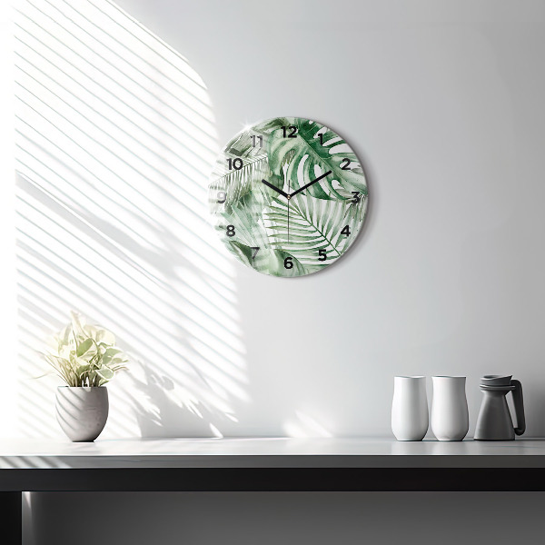 Round glass clock Painted plant leaves