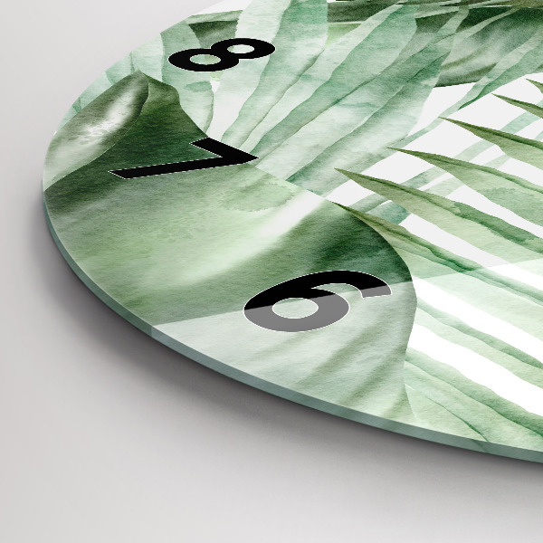 Round glass clock Painted plant leaves