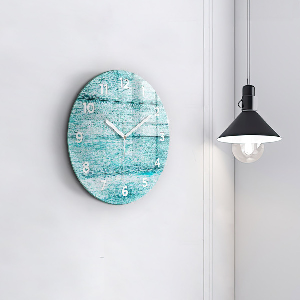 Round glass clock Blue old wood