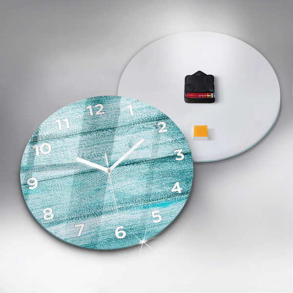 Round glass clock Blue old wood
