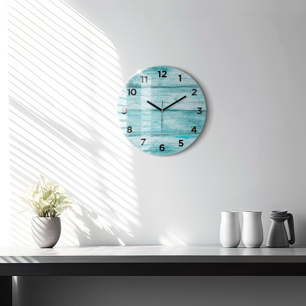 Round glass clock Blue old wood